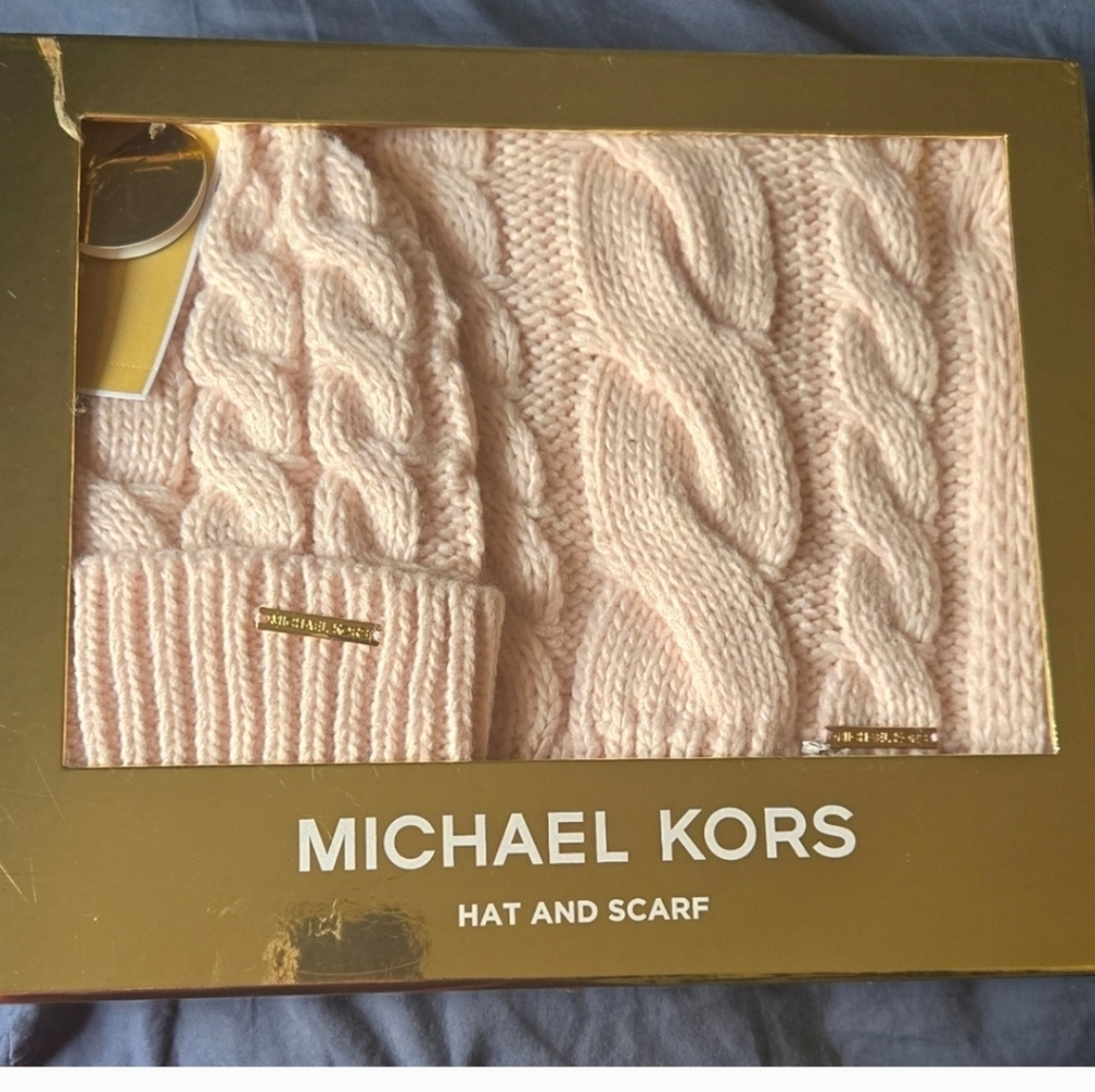 Michael Kors Blush Cable Knit Hat and Scarf Set